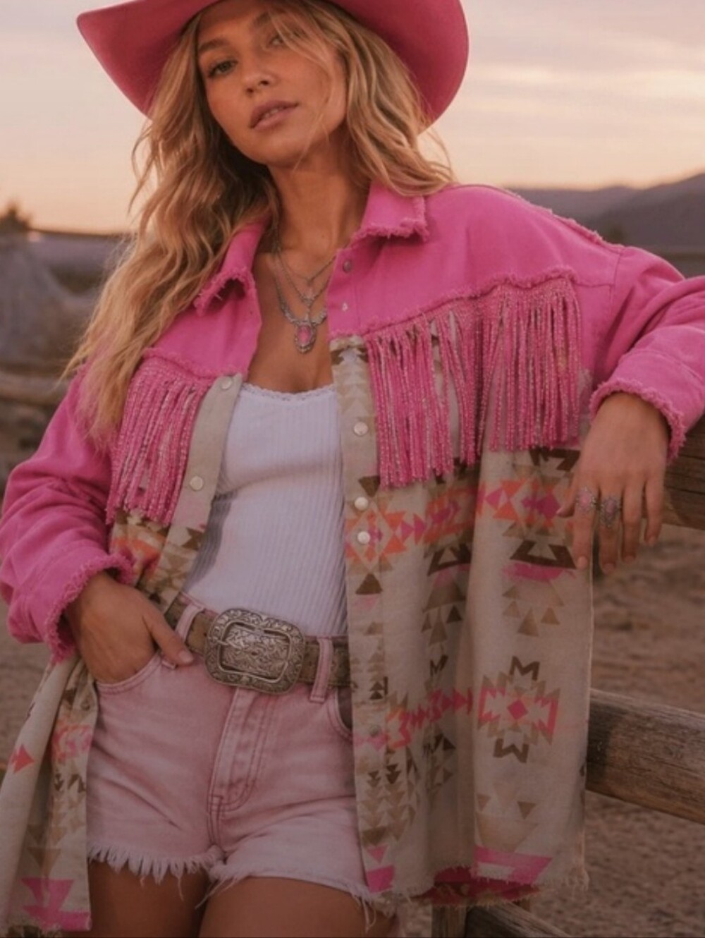 Fringed Pink Aztec-Print Women's Jacket